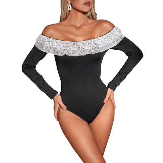 Damen Schulterfreier Bodysuit mit Pailletten-Volant und Langarm Nord Taschen