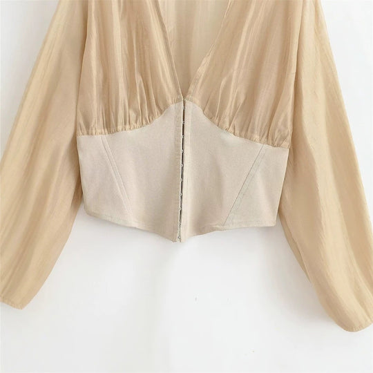 Damen Cropped Chiffon-Bluse mit tiefem V-Ausschnitt und tailliertem Korsettbund Nord Taschen