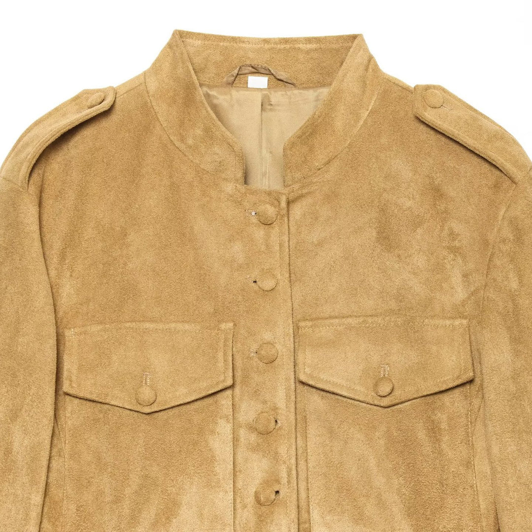 Damen Taillierte Wildlederoptik-Jacke im Military‑Stil mit Stehkragen und Schulterklappen Nord Taschen