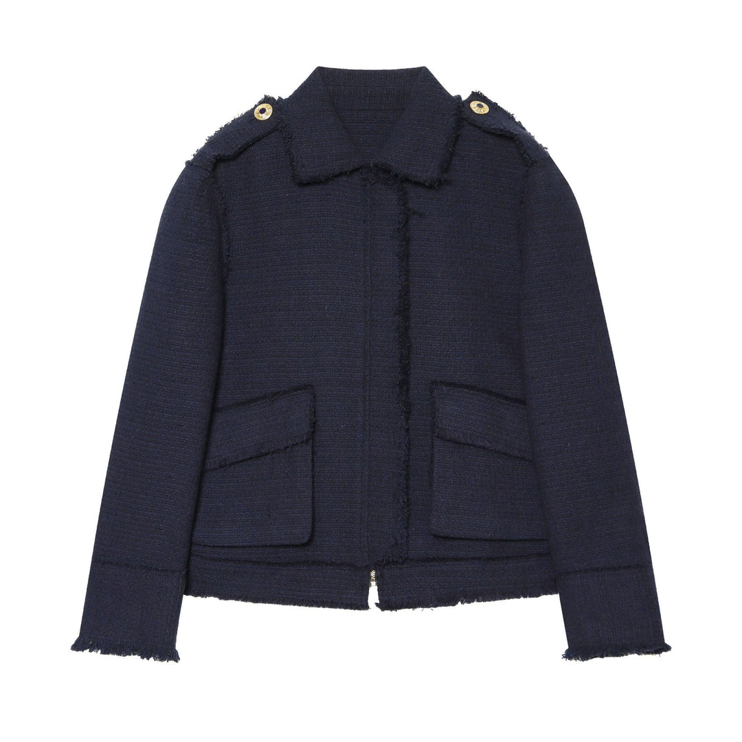 Damen Bouclé‑Tweed Kurzblouson mit Fransen‑Detail, Pattentaschen und Schulterpatten Nord Taschen