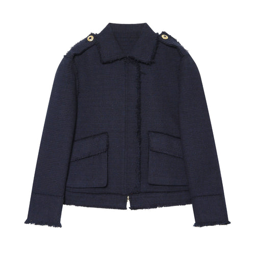 Damen Bouclé‑Tweed Kurzblouson mit Fransen‑Detail, Pattentaschen und Schulterpatten Nord Taschen