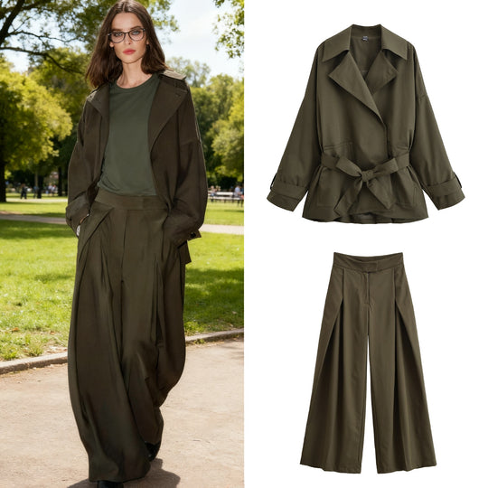 Damen Taillierter Kurztrench mit Bindegürtel und Oversize-Ärmeln Nord Taschen
