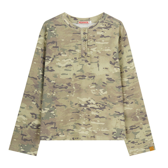 Damen Langarm-Henleyshirt im Waffelstrick mit Militär-Camouflage-Print und Knopfleiste Nord Taschen