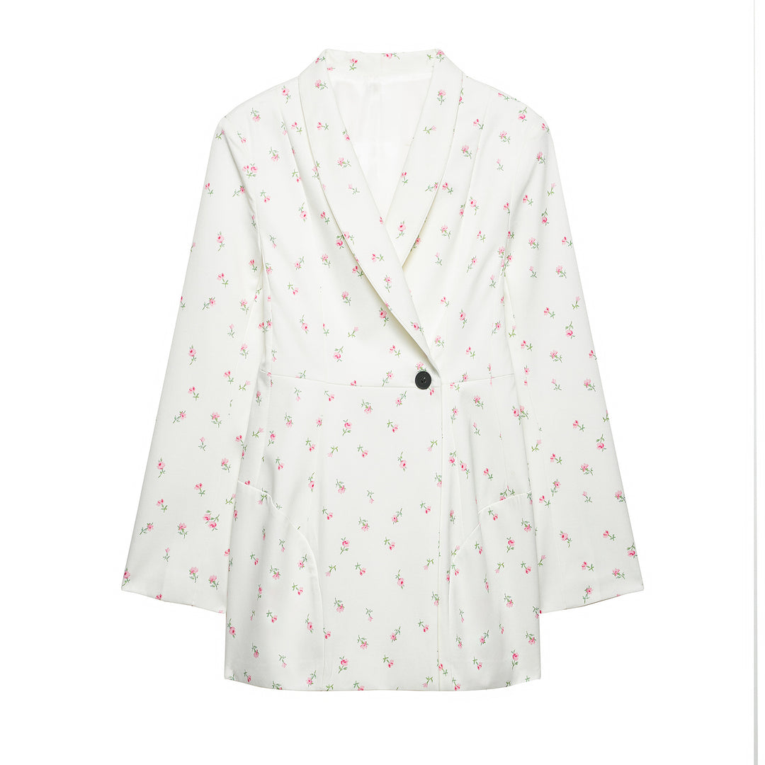 Damen Floraler Schalkragen-Blazer mit lockerem Schnitt und aufgesetzten Taschen Nord Taschen