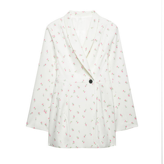 Damen Floraler Schalkragen-Blazer mit lockerem Schnitt und aufgesetzten Taschen Nord Taschen