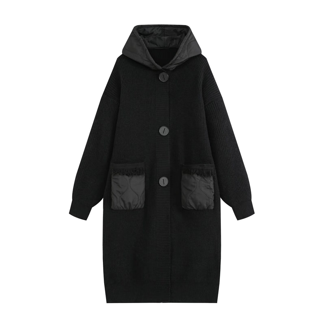Damen Longline Grobstrickmantel mit gesteppter Kapuze und übergroßen Fronttaschen Nord Taschen
