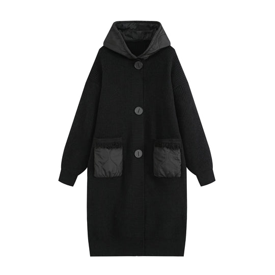 Damen Longline Grobstrickmantel mit gesteppter Kapuze und übergroßen Fronttaschen Nord Taschen