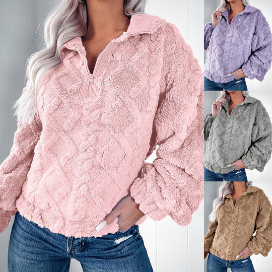 Damen Plüschpullover im Teddy-Look mit halbem Reißverschluss und strukturierter Rautenoptik Nord Taschen