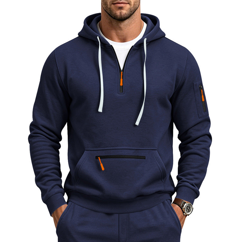 Herren Kapuzen-Sweatshirt mit Half-Zip, Kängurutasche und Reißverschlusstaschen Nord Taschen