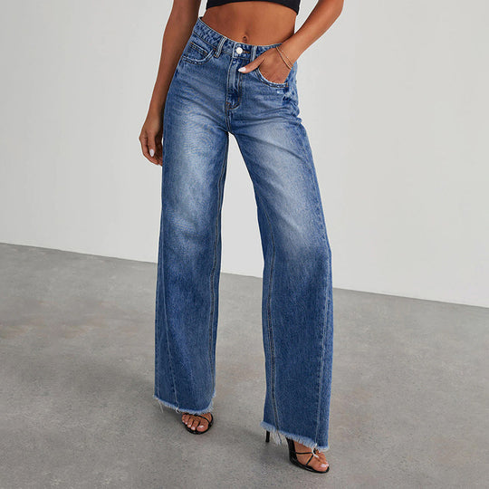 Damen High-Waist Schlagjeans mit weitem Bein und ausgefranstem Saum Nord Taschen
