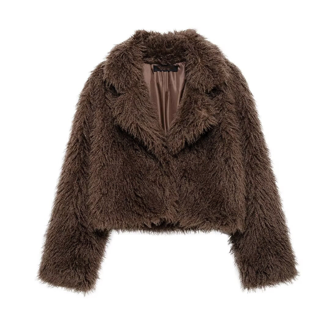 Damen Kurz geschnittene Teddy-Faux-Felljacke mit weitem Reverskragen und soften Flor Nord Taschen
