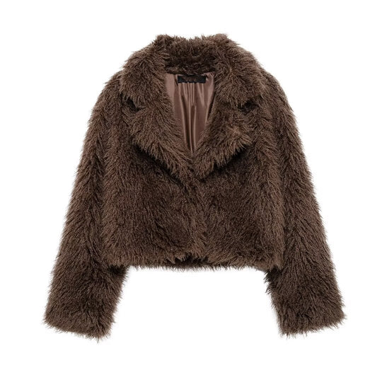 Damen Kurz geschnittene Teddy-Faux-Felljacke mit weitem Reverskragen und soften Flor Nord Taschen