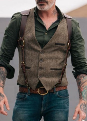 Herren Tweed‑Weste mit Lederträgern und Vintage‑Details Nord Taschen