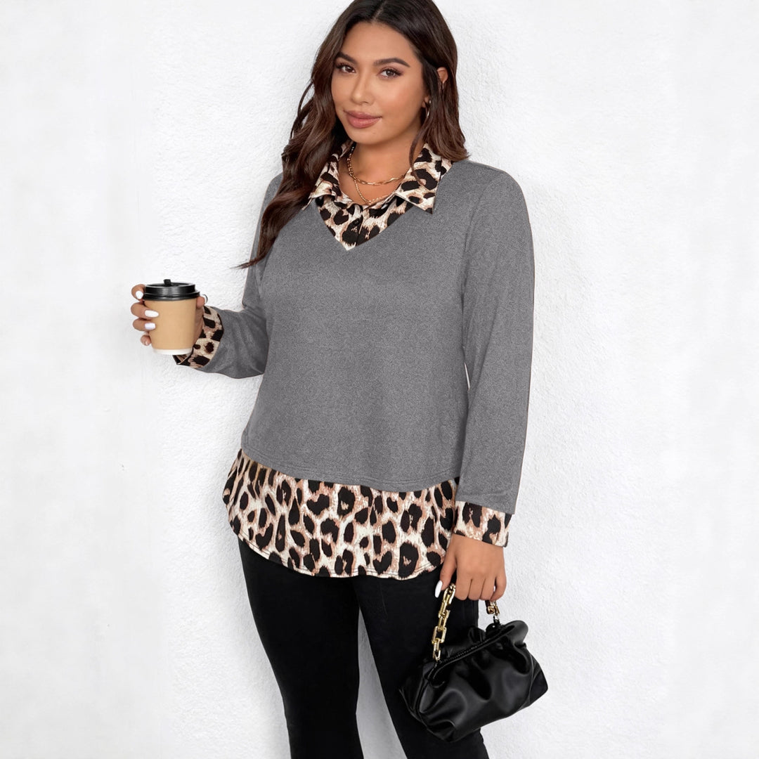 Damen Lagenlook-Pullover mit V-Ausschnitt und Leoprint-Blusen-Einsatz Nord Taschen