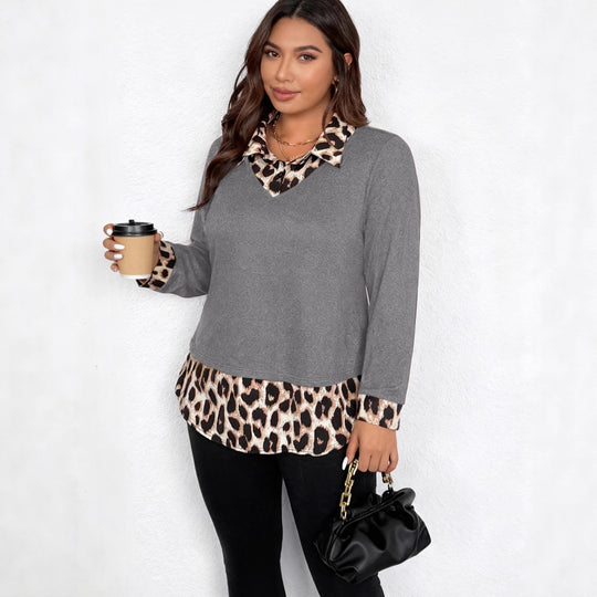 Damen Lagenlook-Pullover mit V-Ausschnitt und Leoprint-Blusen-Einsatz Nord Taschen