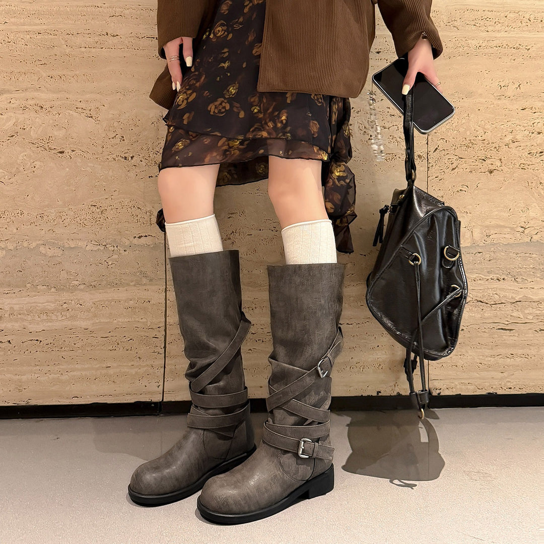 Damen Wadenhohe Bikerstiefel mit Wickelriemen und verstellbaren Schnallen Nord Taschen