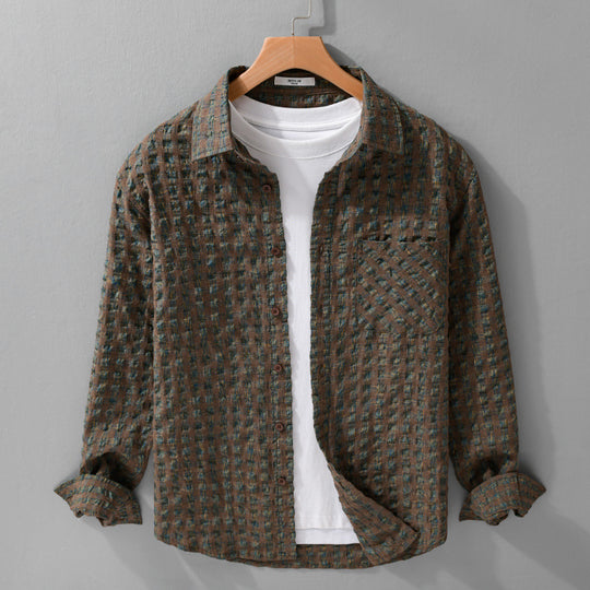Herren Leichtes Crinkle-Karo-Overshirt aus Baumwollmix mit aufgesetzter Brusttasche Nord Taschen