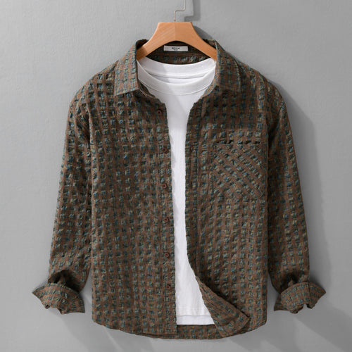 Herren Leichtes Crinkle-Karo-Overshirt aus Baumwollmix mit aufgesetzter Brusttasche Nord Taschen
