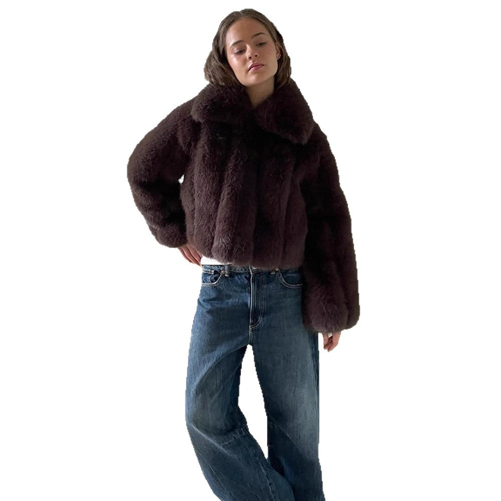 Damen Kurze Cropped-Kunstpelzjacke mit voluminösem Schalkragen und kastiger Silhouette Nord Taschen