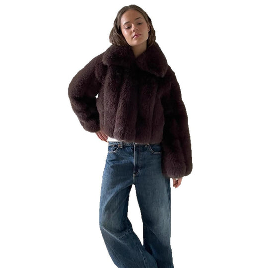 Damen Kurze Cropped-Kunstpelzjacke mit voluminösem Schalkragen und kastiger Silhouette Nord Taschen