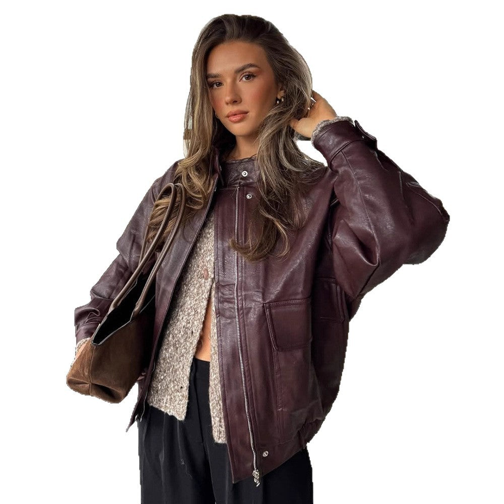 Damen Oversize Lederimitat-Blouson mit Sherpa-Futter, praktischen Pattentaschen & Zweiwege-Reißverschluss Nord Taschen