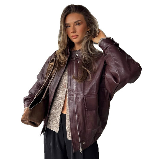 Damen Oversize Lederimitat-Blouson mit Sherpa-Futter, praktischen Pattentaschen & Zweiwege-Reißverschluss Nord Taschen