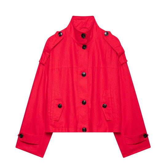 Damen Kurz-Capejacke im Boxy-Cropped-Trenchstil mit Stehkragen und Schulterpatten Nord Taschen