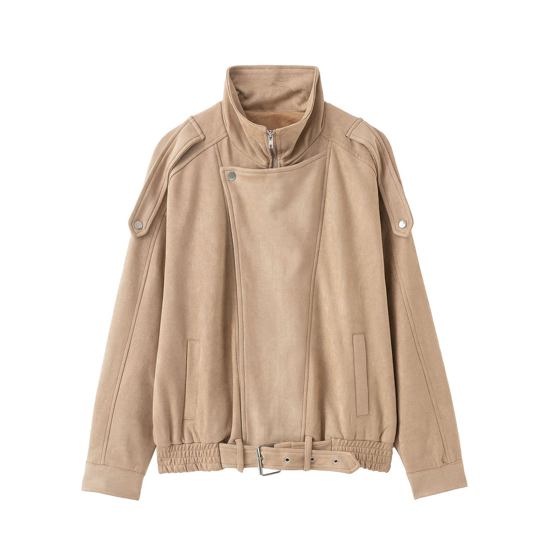 Damen Kurzjacke im Wildleder‑Look mit hohem Stehkragen, Schulterklappen und Taillengürtel Nord Taschen