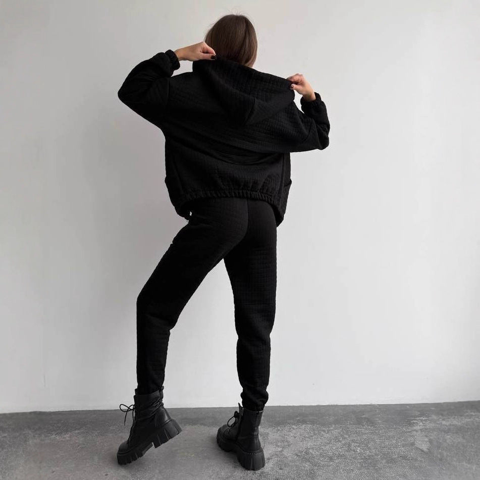 Damen gesteppter Quilt-Lounge-Zweiteiler aus Soft-Fleece mit Kapuzen-Zipjacke, High-Waist-Bundhose und Bustier-Top Nord Taschen