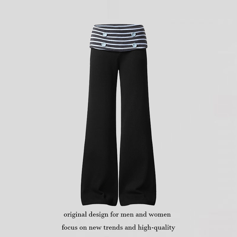 Damen Weite Loungewear-Hose mit umschlagbarem Streifenbund und Zierknöpfen Nord Taschen