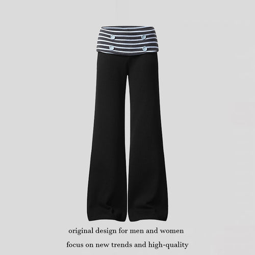 Damen Weite Loungewear-Hose mit umschlagbarem Streifenbund und Zierknöpfen Nord Taschen