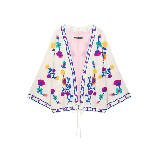 Damen Bestickter Kurz-Kimono mit floralem Stick und Bindegürtel Nord Taschen