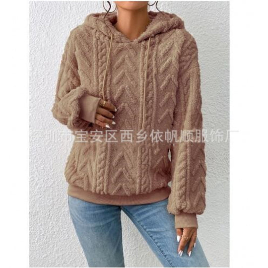 Damen Flauschiger Kapuzenpullover im Zopfmuster mit Oversize-Schnitt Nord Taschen