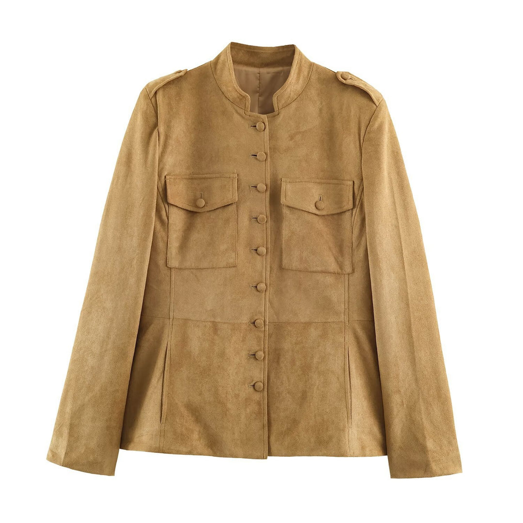 Damen Taillierte Veloursjacke im Fieldstil mit Stehkragen und Brustklappen Nord Taschen