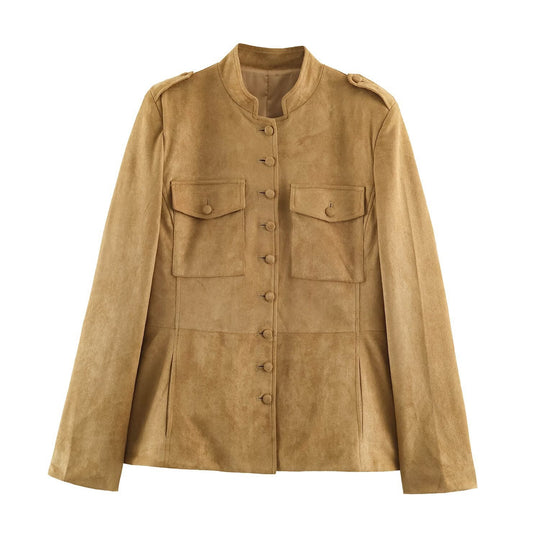 Damen Taillierte Veloursjacke im Fieldstil mit Stehkragen und Brustklappen Nord Taschen