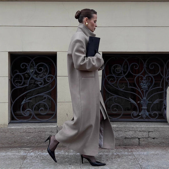 Damen Maxilanger Clean-Cut Wollmixmantel mit übergroßem Revers und gerader Silhouette Nord Taschen