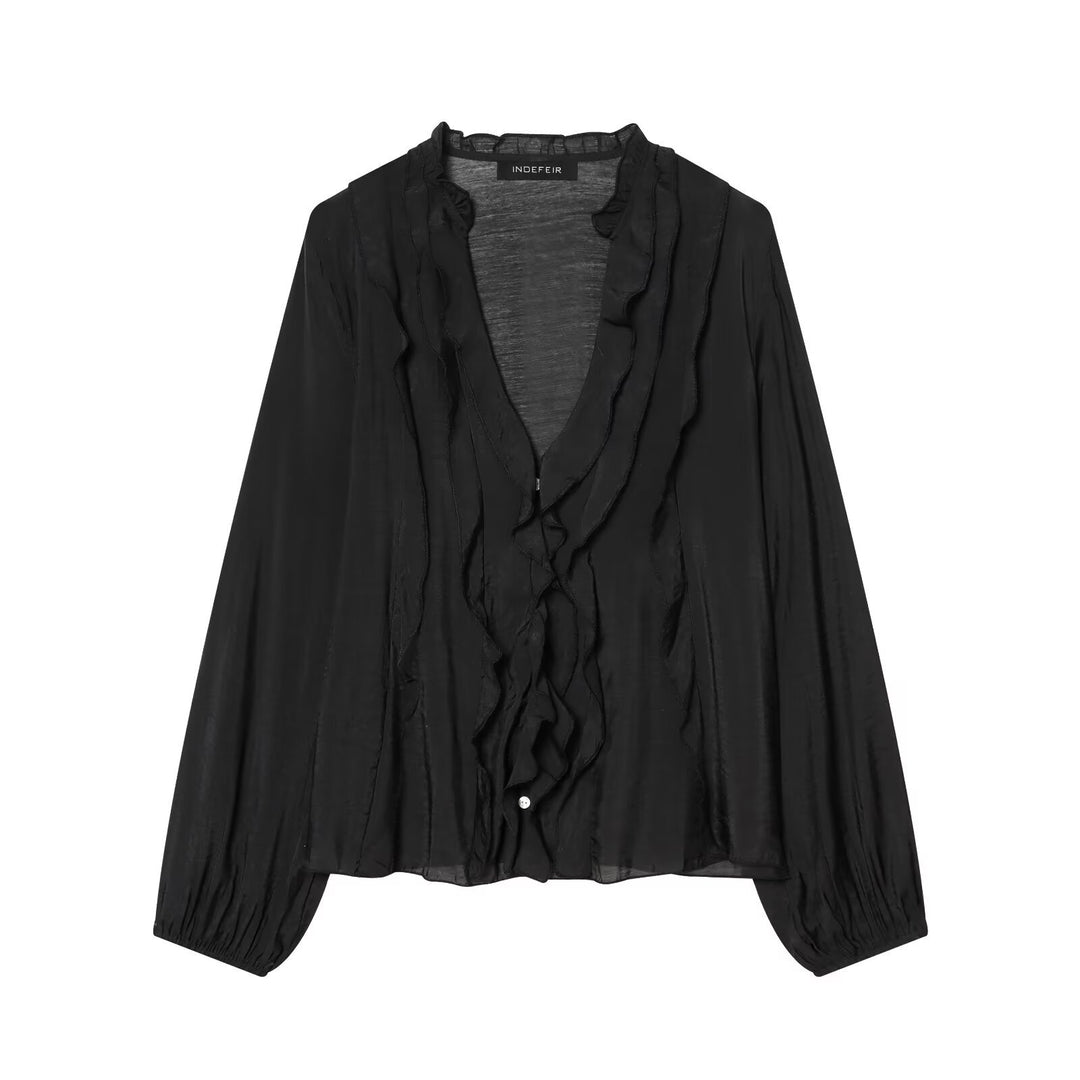 Damen Transparente Crinkle-Bluse mit Volantkragen, Rüschenfront und Ballonärmeln Nord Taschen