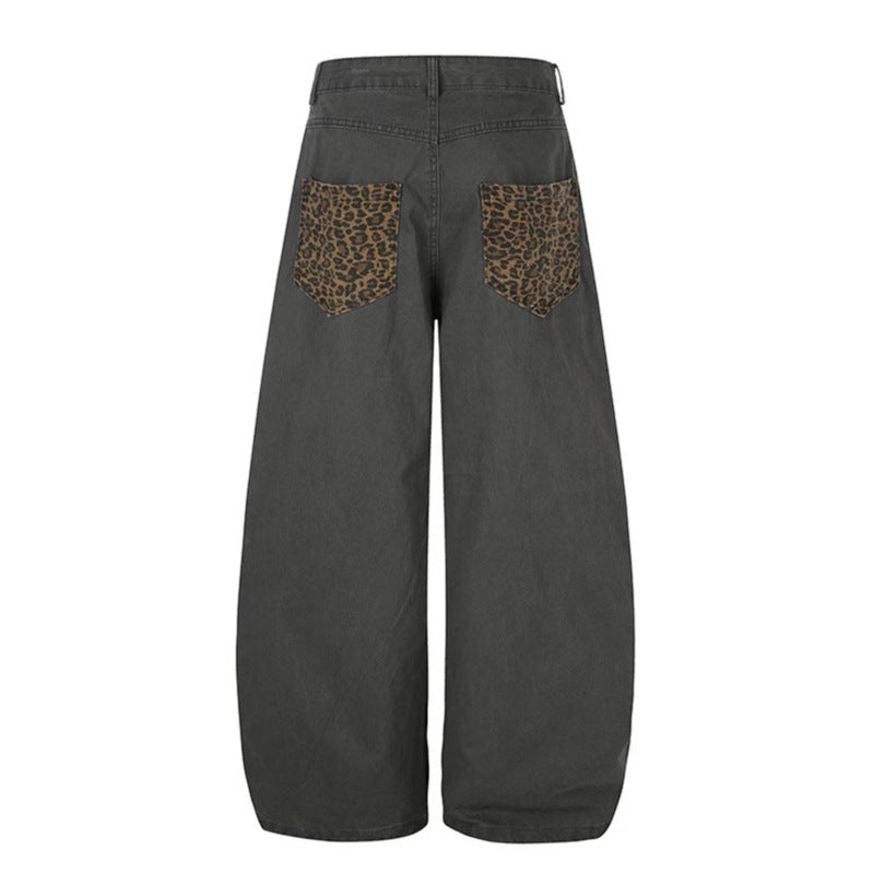 Damen Weite High‑Waist Palazzo-Jeanshose mit Leopardeinsätzen und Eingrifftaschen Nord Taschen