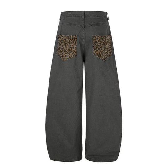 Damen Weite High‑Waist Palazzo-Jeanshose mit Leopardeinsätzen und Eingrifftaschen Nord Taschen
