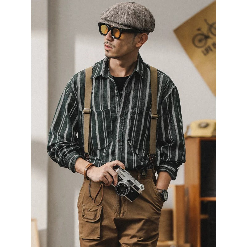 Herren Gestreiftes Overshirt-Hemd aus Baumwoll-Leinen mit Brusttaschen Nord Taschen