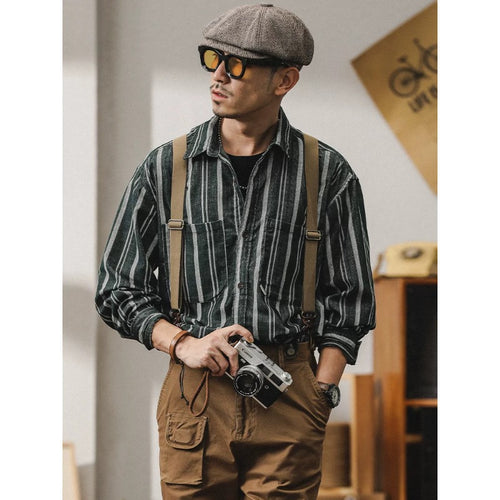 Herren Gestreiftes Overshirt-Hemd aus Baumwoll-Leinen mit Brusttaschen Nord Taschen