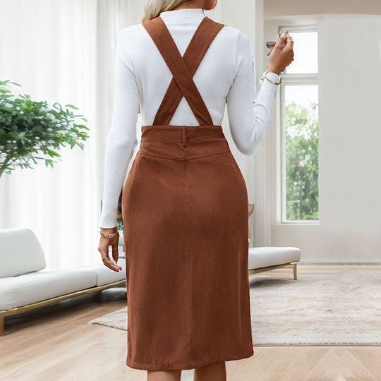 Damen Träger-Midikleid mit tiefem V‑Ausschnitt, tailliertem Bund und Frontschlitz Nord Taschen
