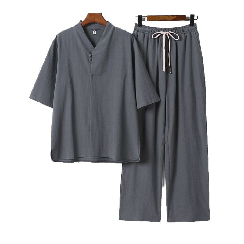 Herren Zweiteiliges Leichtes Loungewear-Set mit Stehkragen-Halbarmshirt und Kordelbund-Hose Nord Taschen
