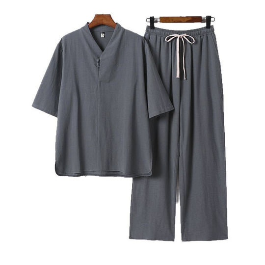 Herren Zweiteiliges Leichtes Loungewear-Set mit Stehkragen-Halbarmshirt und Kordelbund-Hose Nord Taschen