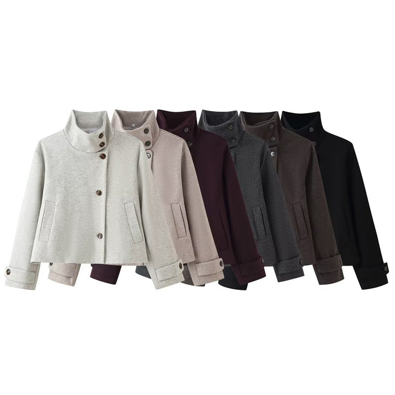 Damen kurze Boxy-Wolljacke mit Stehkragen und Manschetten Nord Taschen