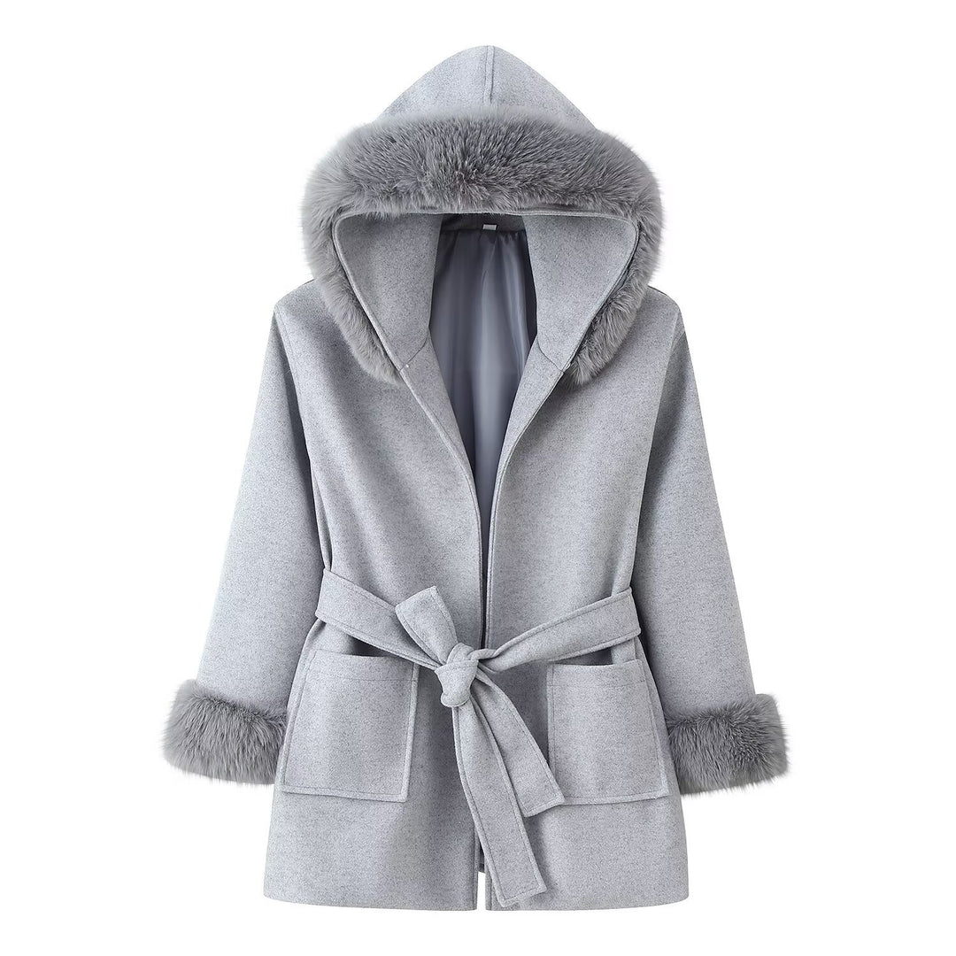 Damen 20+ kurzer Wollmix‑Mantel mit abnehmbarem Kunstfellkragen und breiten Fellmanschetten Nord Taschen