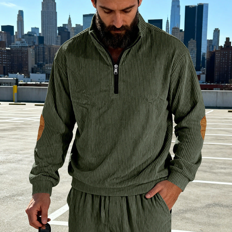 Herren Cord-Struktur-Halbzip-Pullover im Relaxed-Fit mit Stehkragen und Ellbogen-Patch Nord Taschen