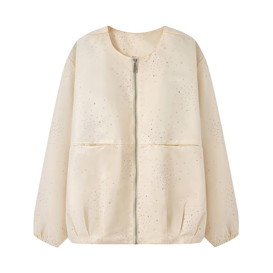Damen Boxy‑Blouson mit Rundhals, Metallreißverschluss und dezentem Glitzerbesatz Nord Taschen