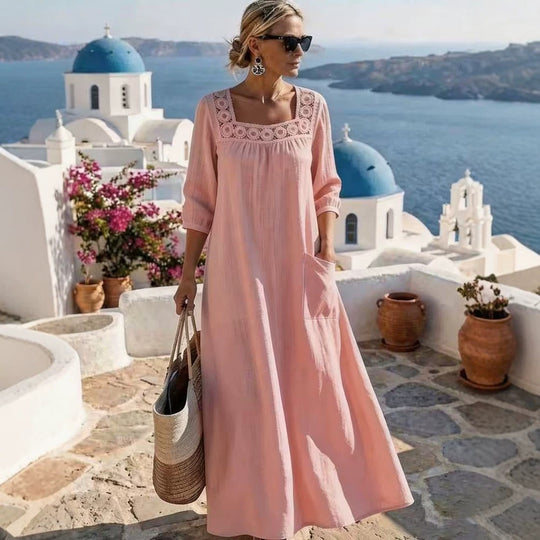 Damen Maxikleid mit gehäkeltem Quadrat-Ausschnitt, dreiviertel Ärmeln und Eingrifftasche Nord Taschen