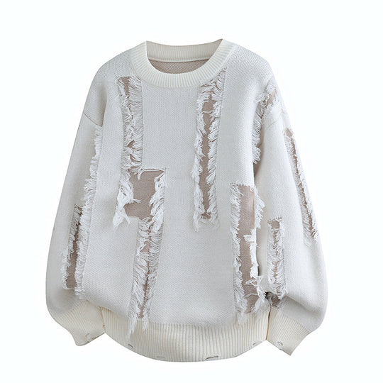 Herren Oversize Strickpullover mit Fransenapplikationen und Balloonärmeln Nord Taschen